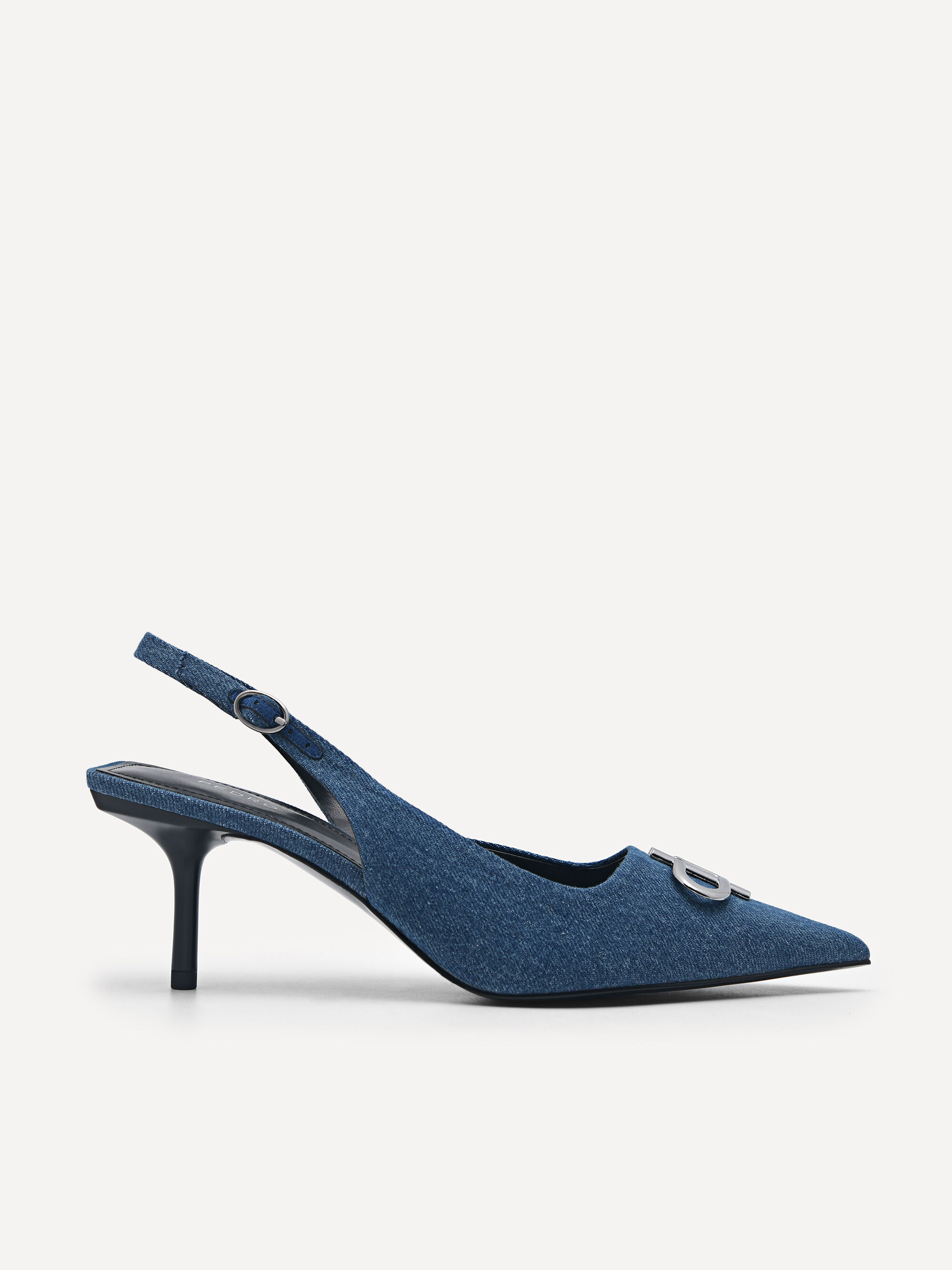 Paradox London Navy Shimmer Wide Fit Mid Block Heel Sling Back Court Shoes  | Curvissa