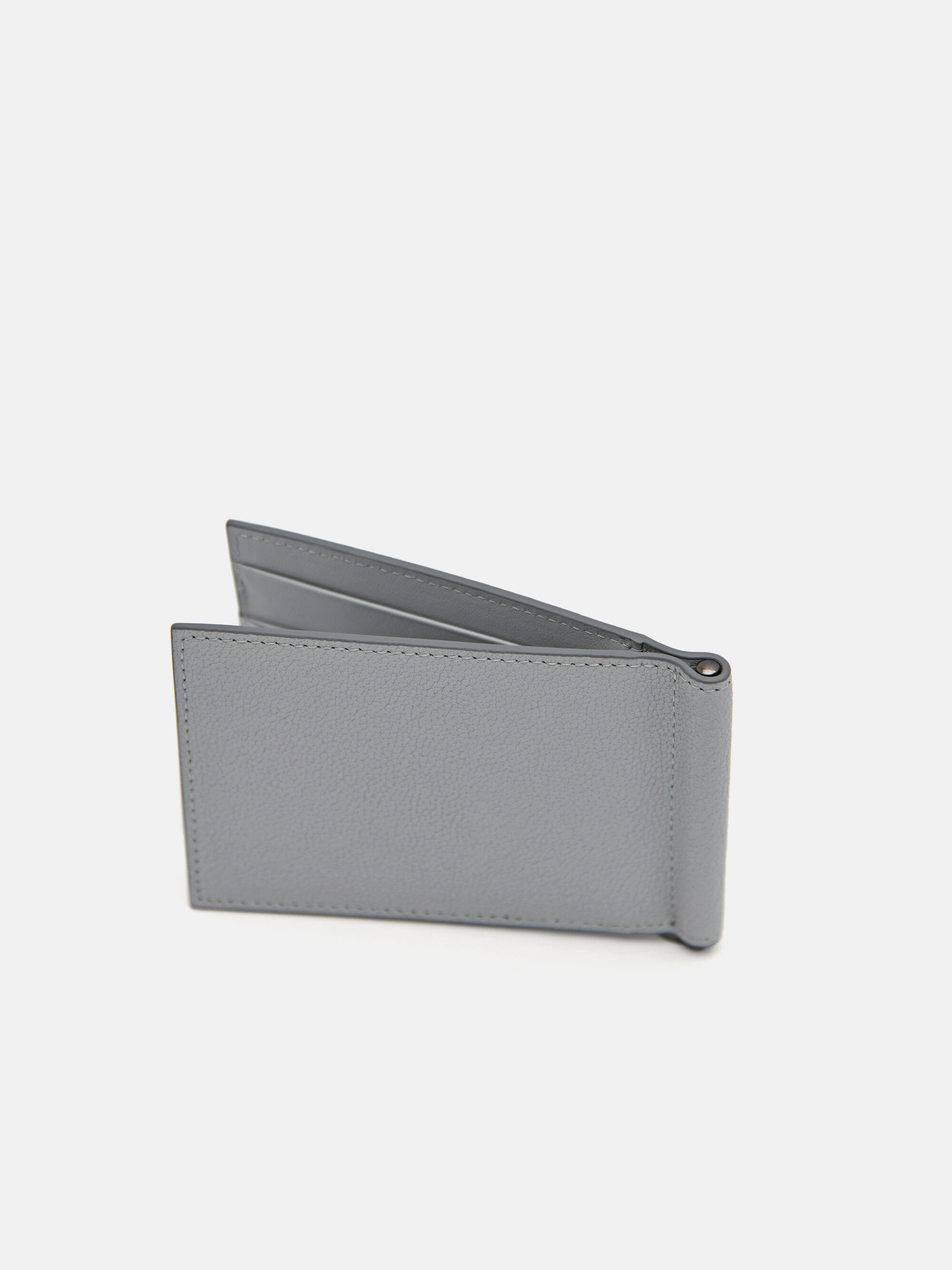 Leather Bi-Fold Card Holder with Money Clip, Light Grey