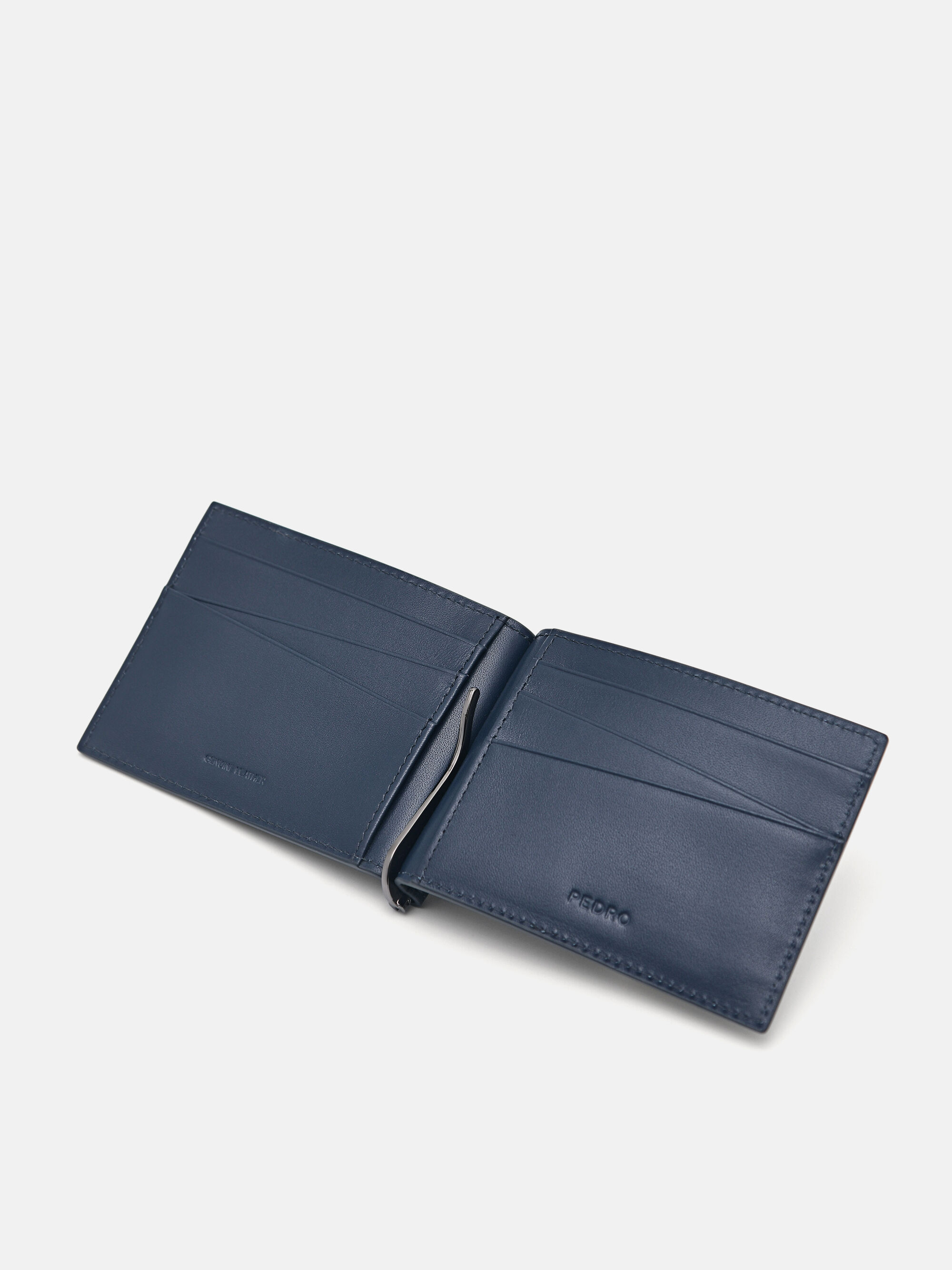 Leather Bi-Fold Card Holder with Money Clip, Navy