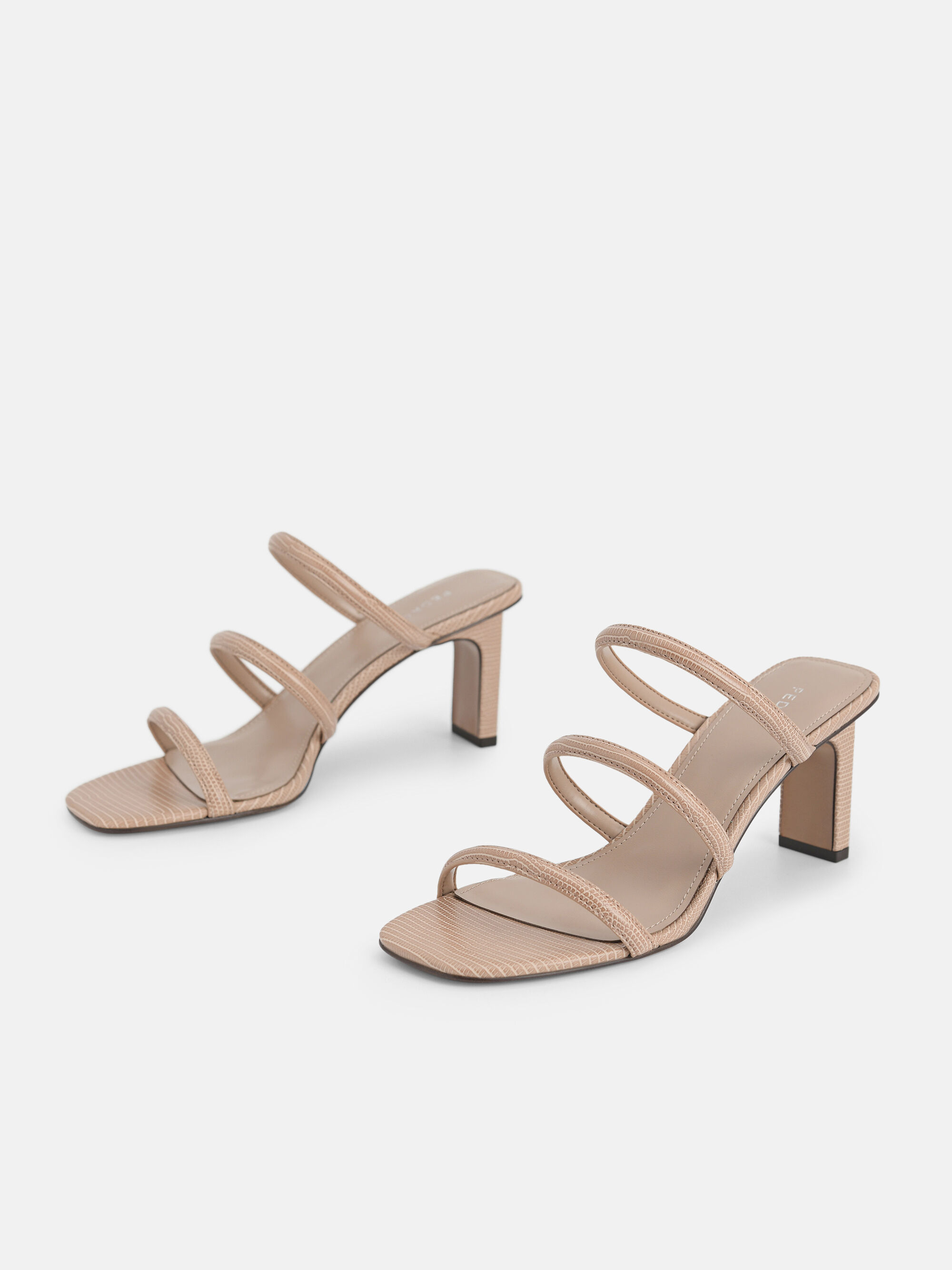 Strappy Heel Lizard-Effect Sandals, Taupe