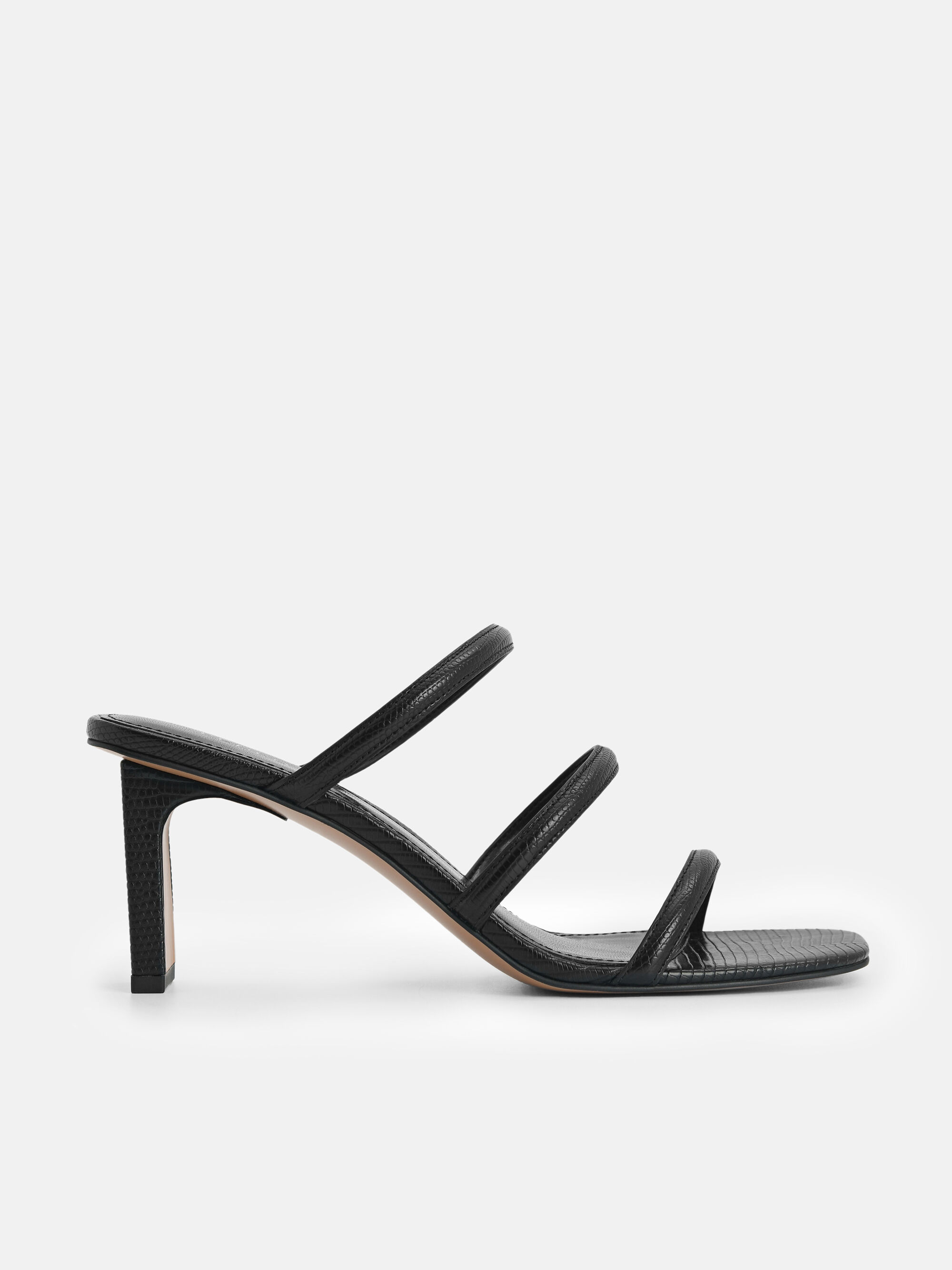 Strappy Heel Lizard-Effect Sandals, Black