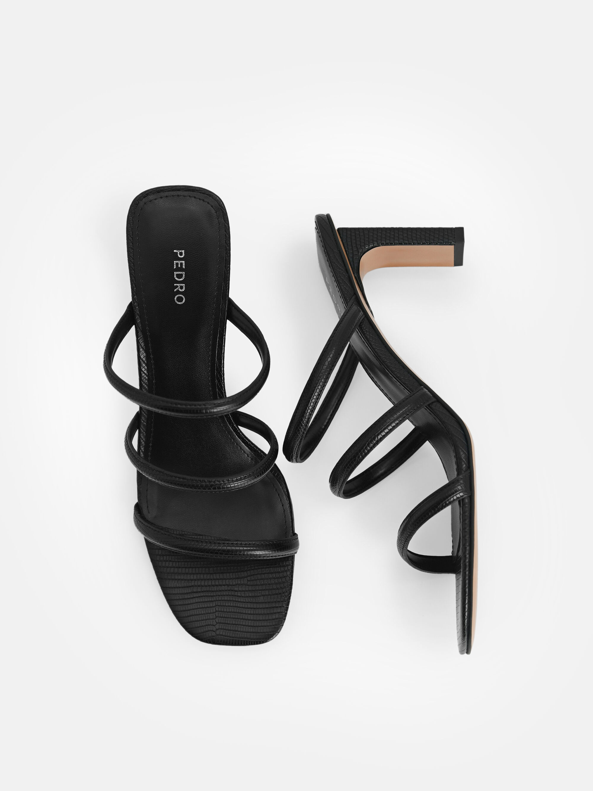 Strappy Heel Lizard-Effect Sandals, Black