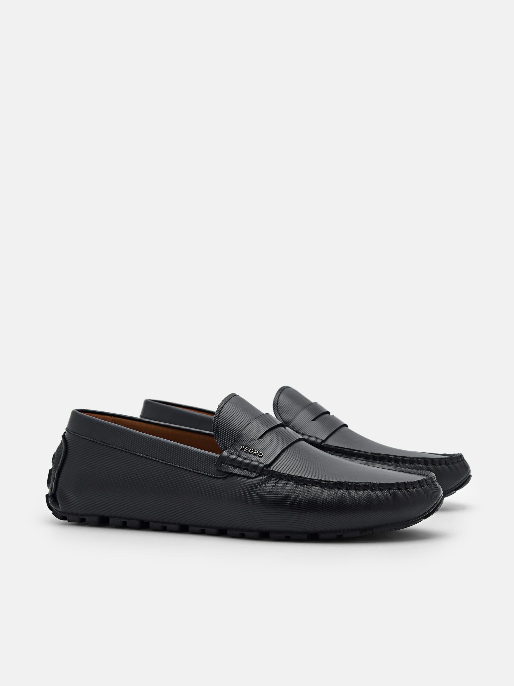 Embossed Leather Penny Loafers, Black