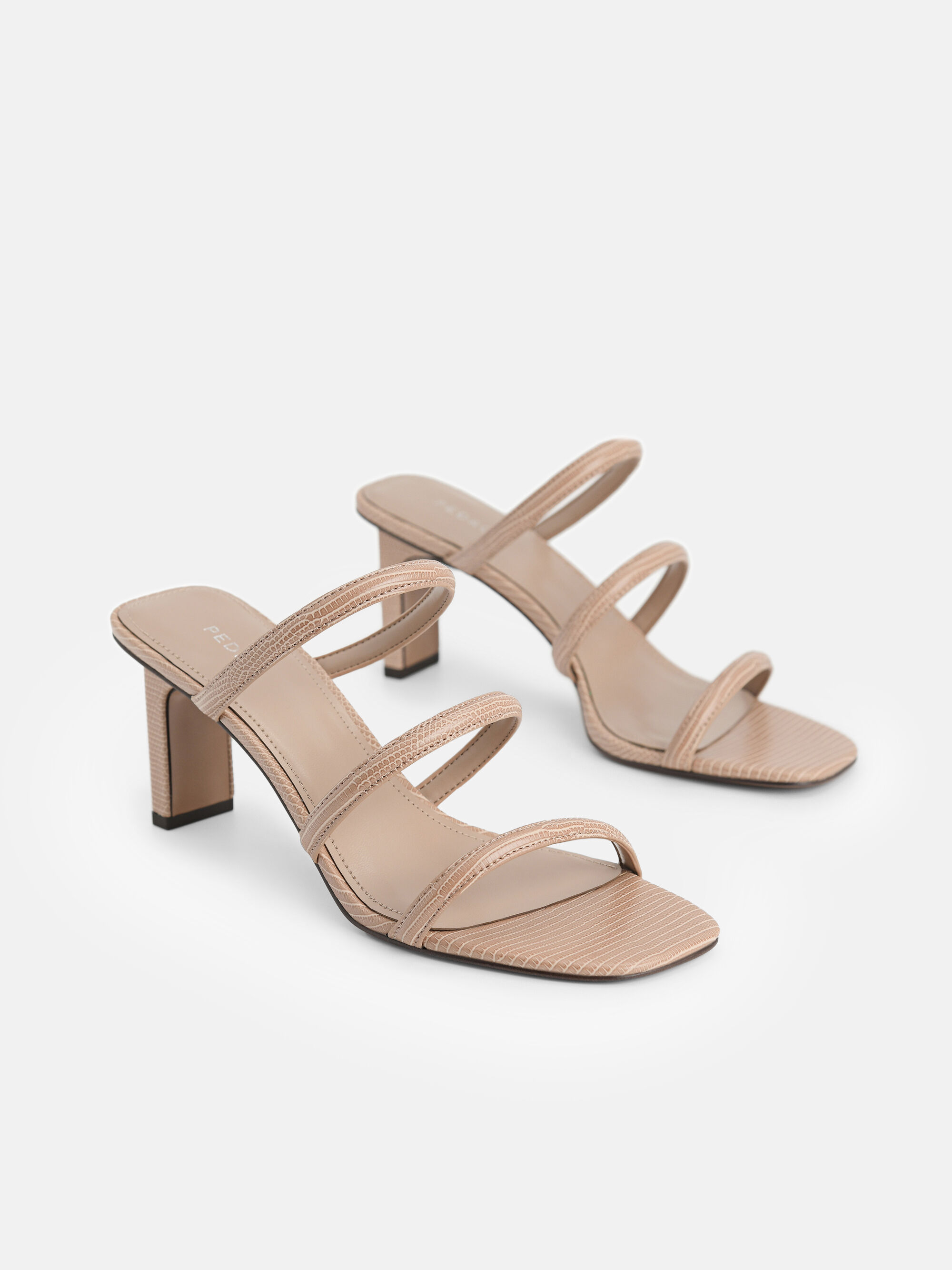 Strappy Heel Lizard-Effect Sandals, Taupe