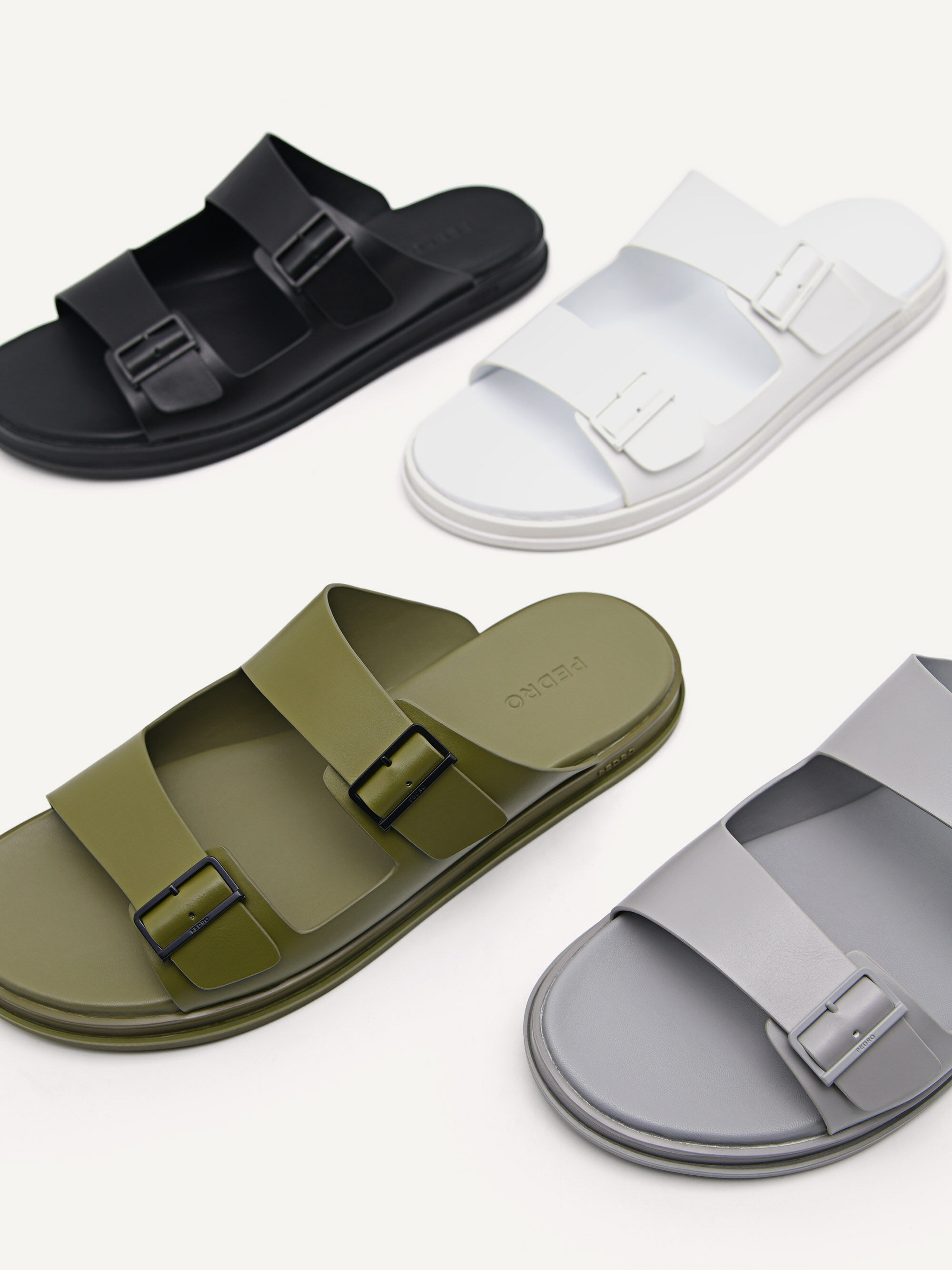 Olive Monochrome Double Strap Slide Sandals - PEDRO US