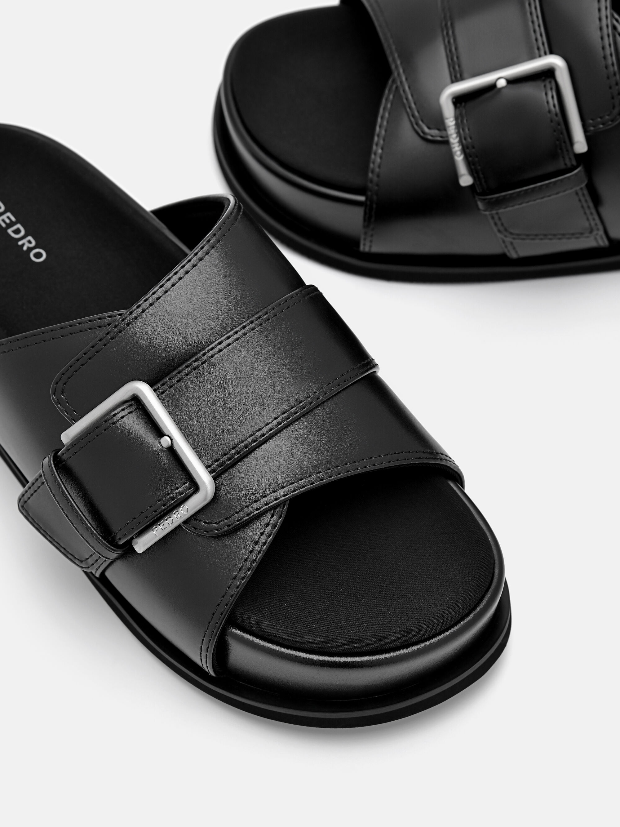 Buckle Slip-On Sandals, Black