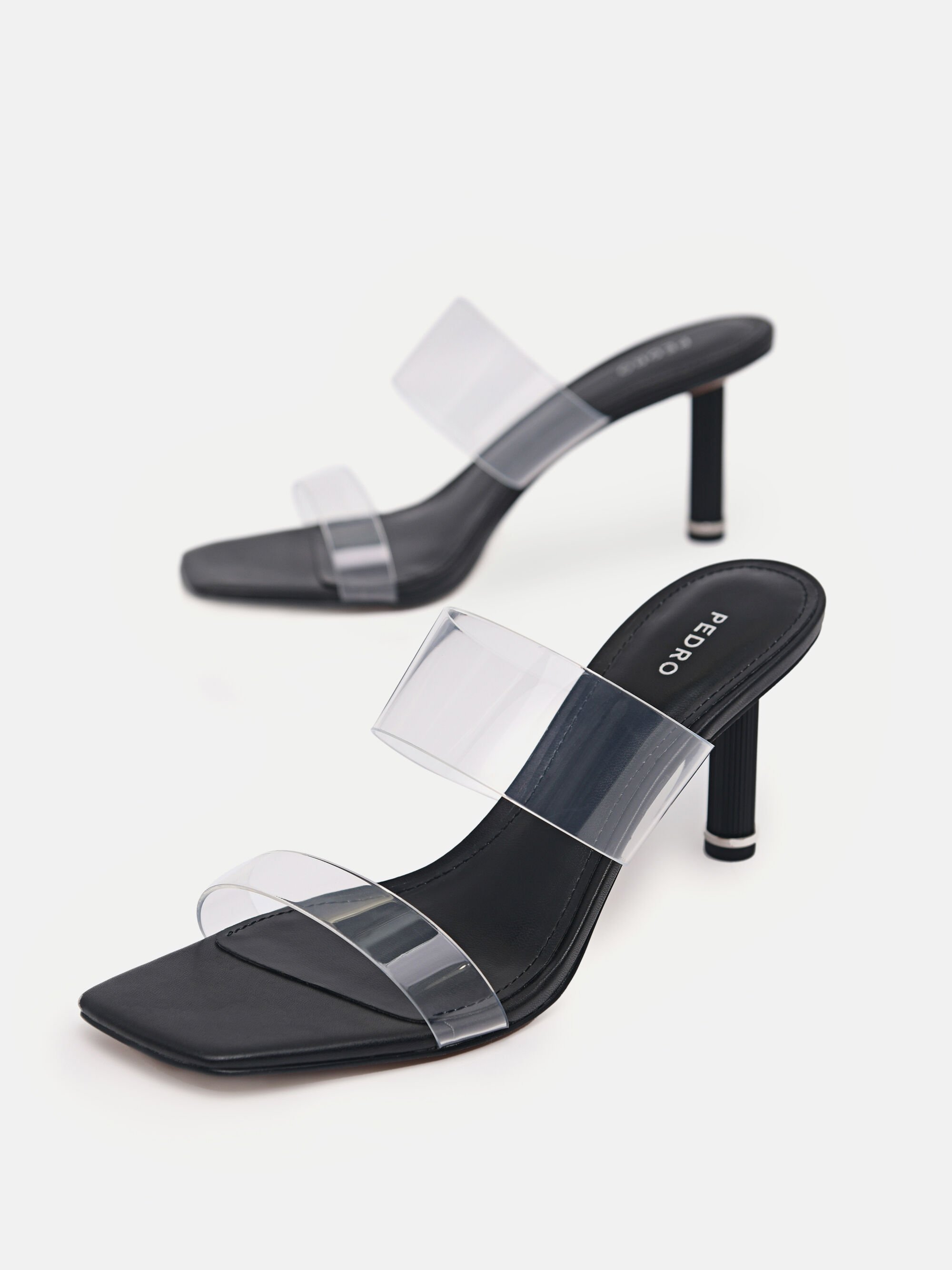 Vinyl Double Strap Heel Sandals, Black