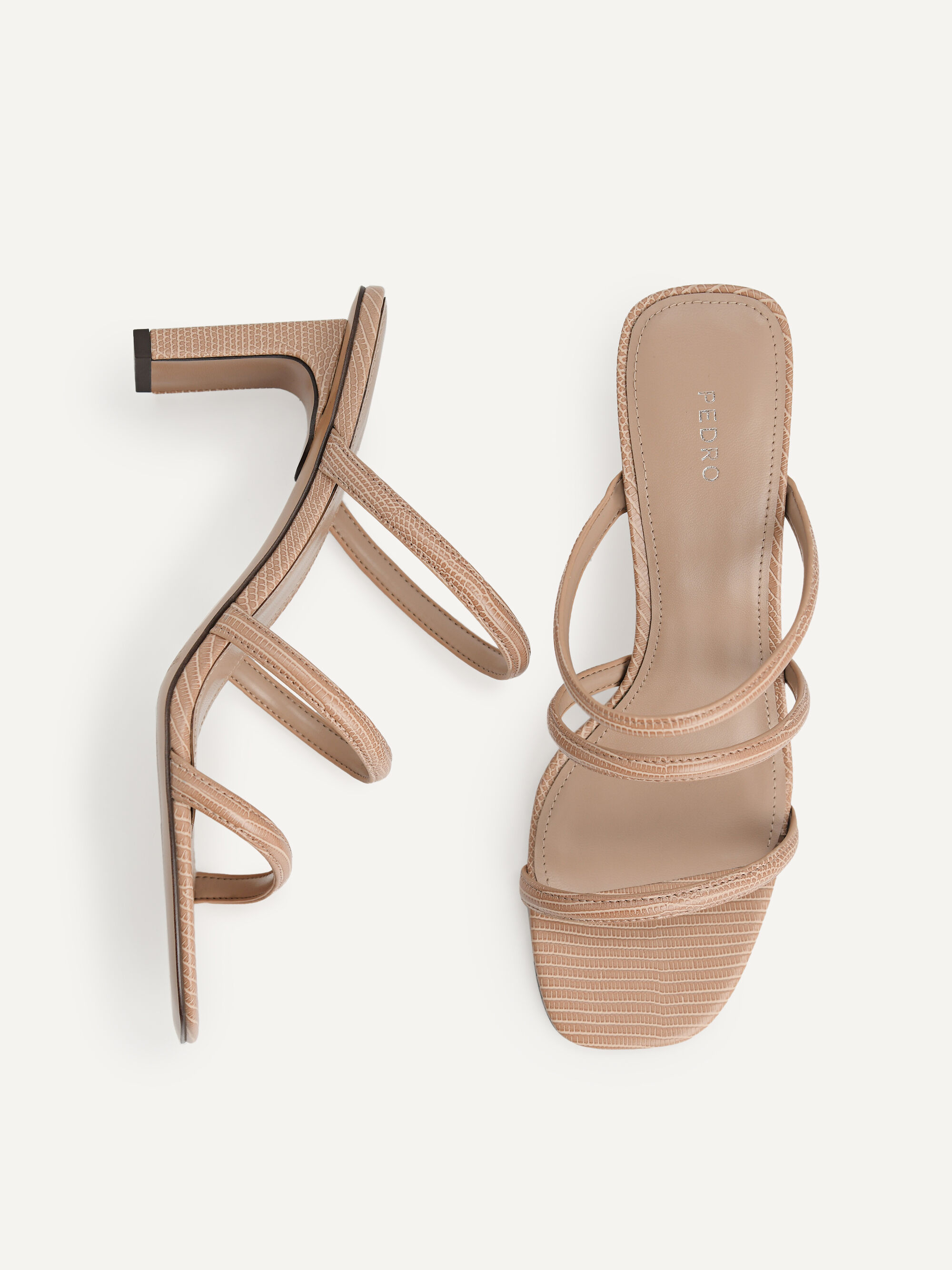 Strappy Heel Lizard-Effect Sandals, Taupe