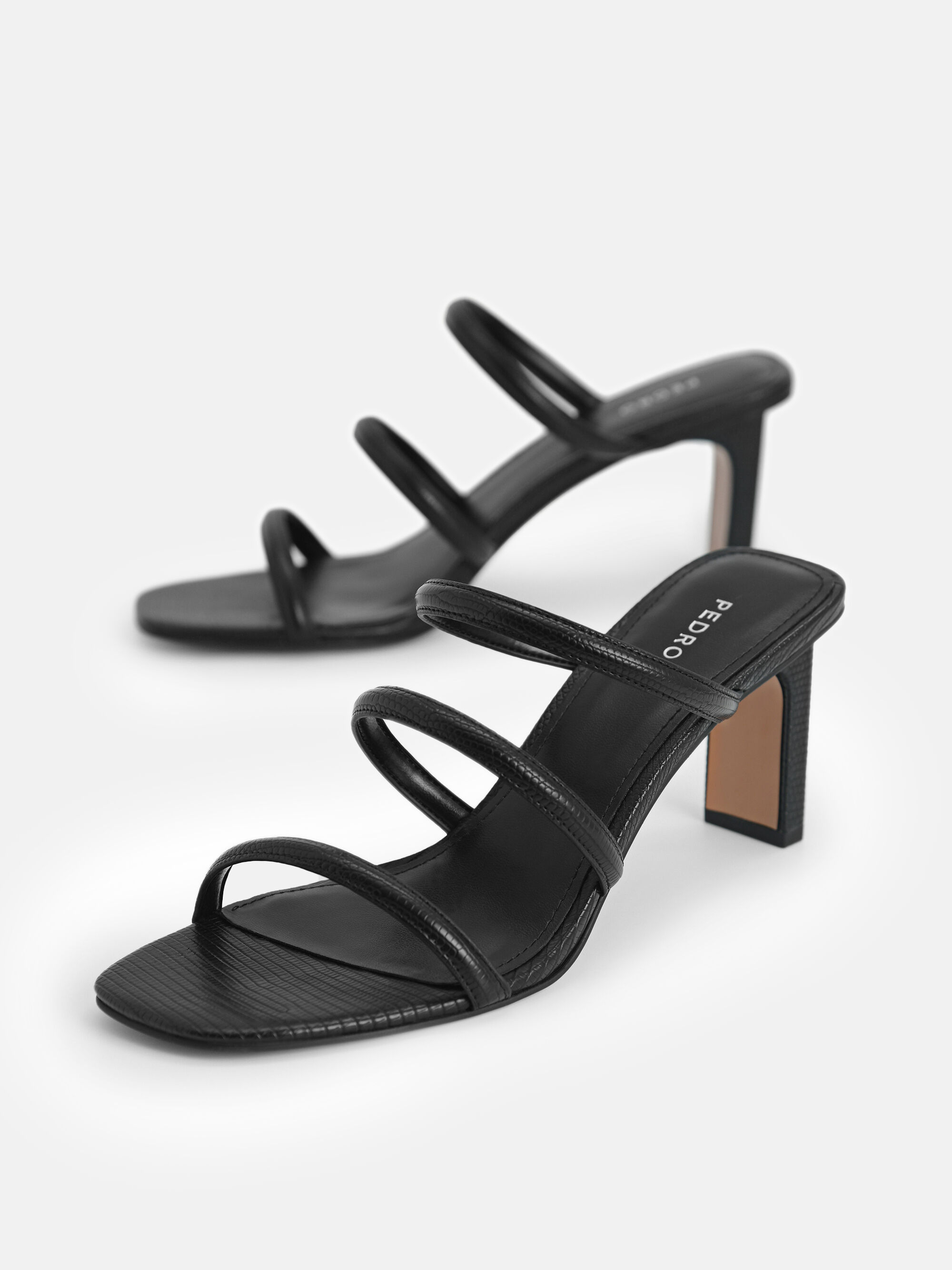 Strappy Heel Lizard-Effect Sandals, Black