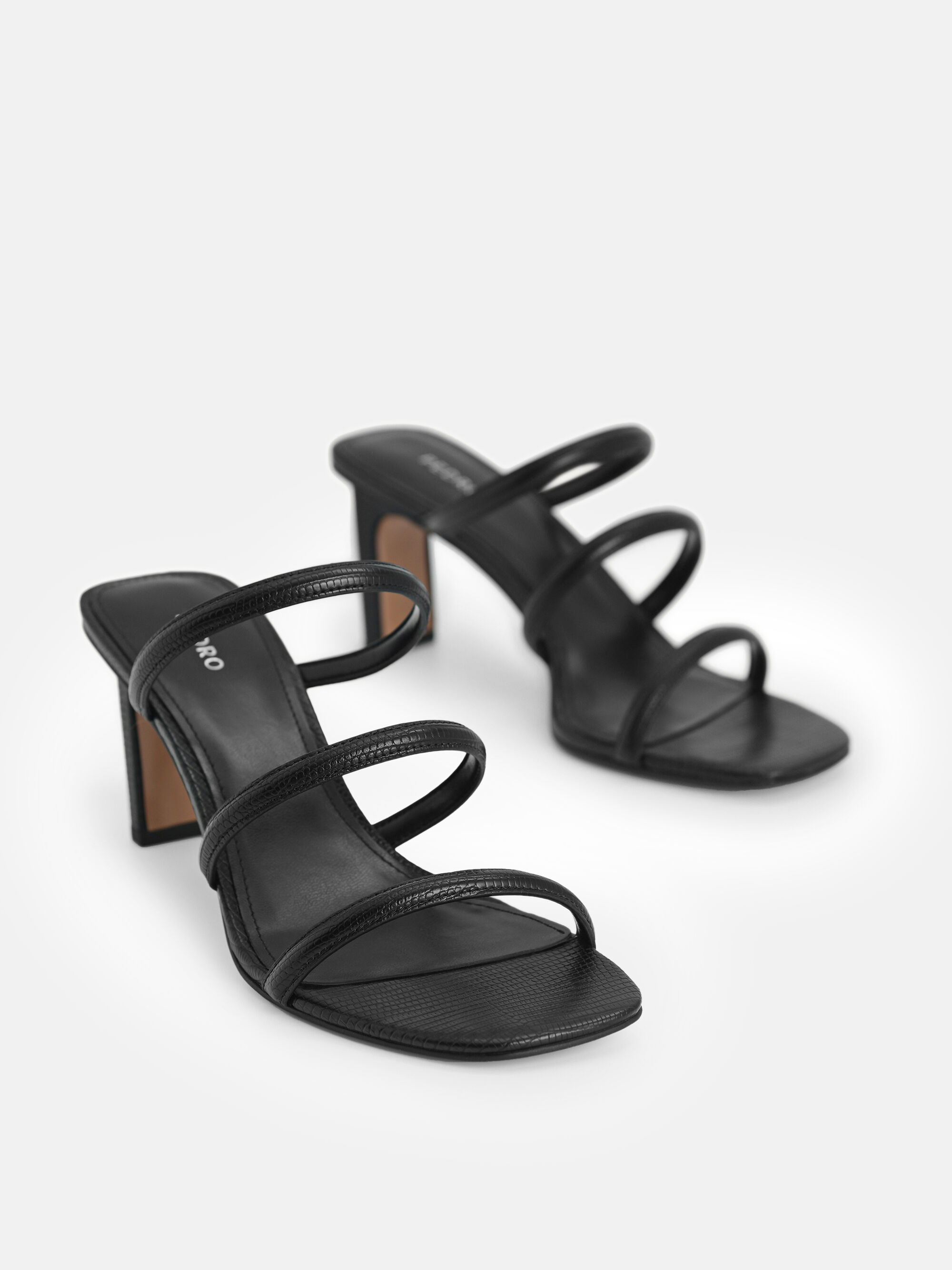 Strappy Heel Lizard-Effect Sandals, Black