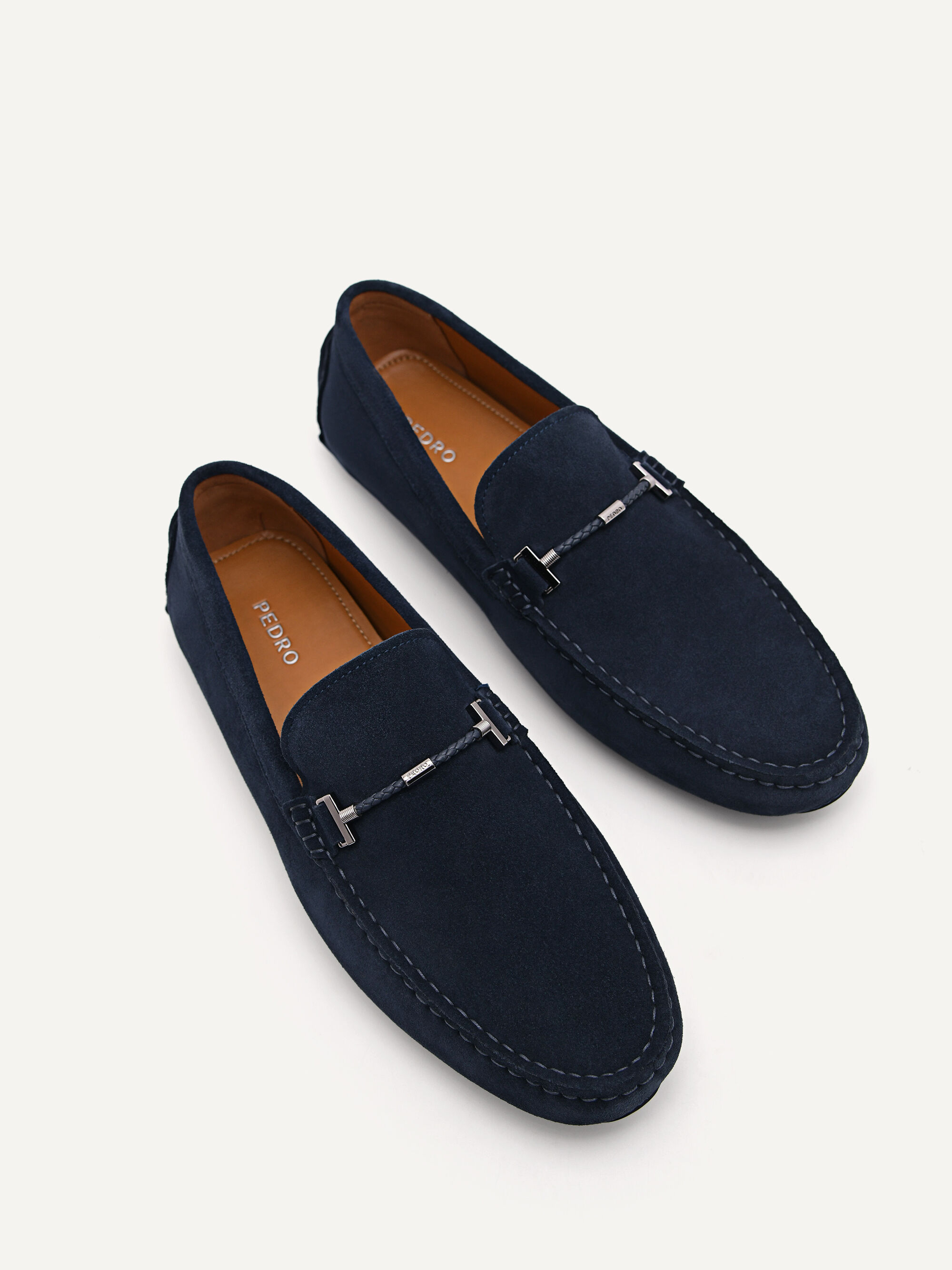 Giày lười mũi tròn Suede Leather, Xanh Navy, hi-res