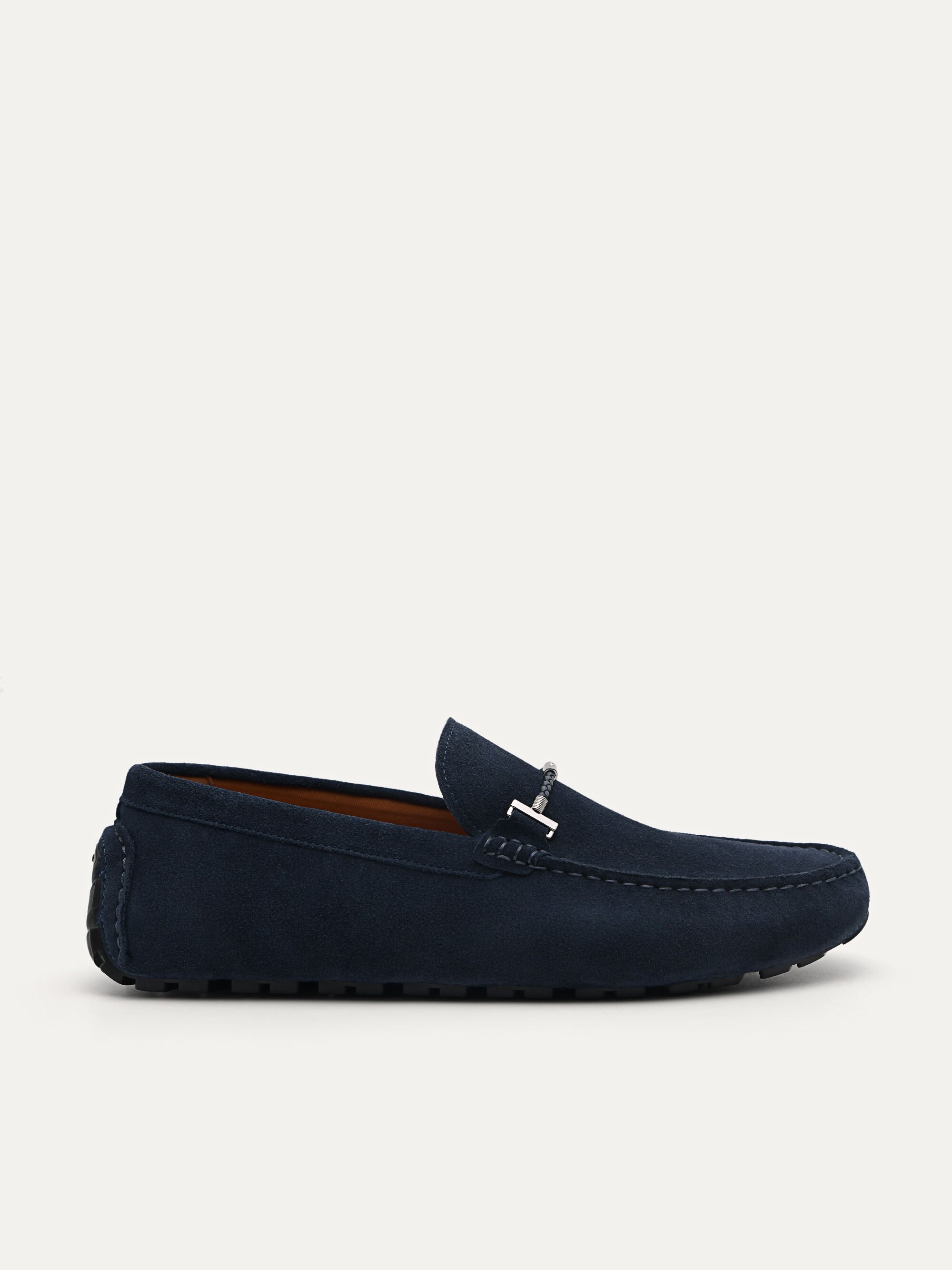 Giày lười mũi tròn Suede Leather, Xanh Navy, hi-res