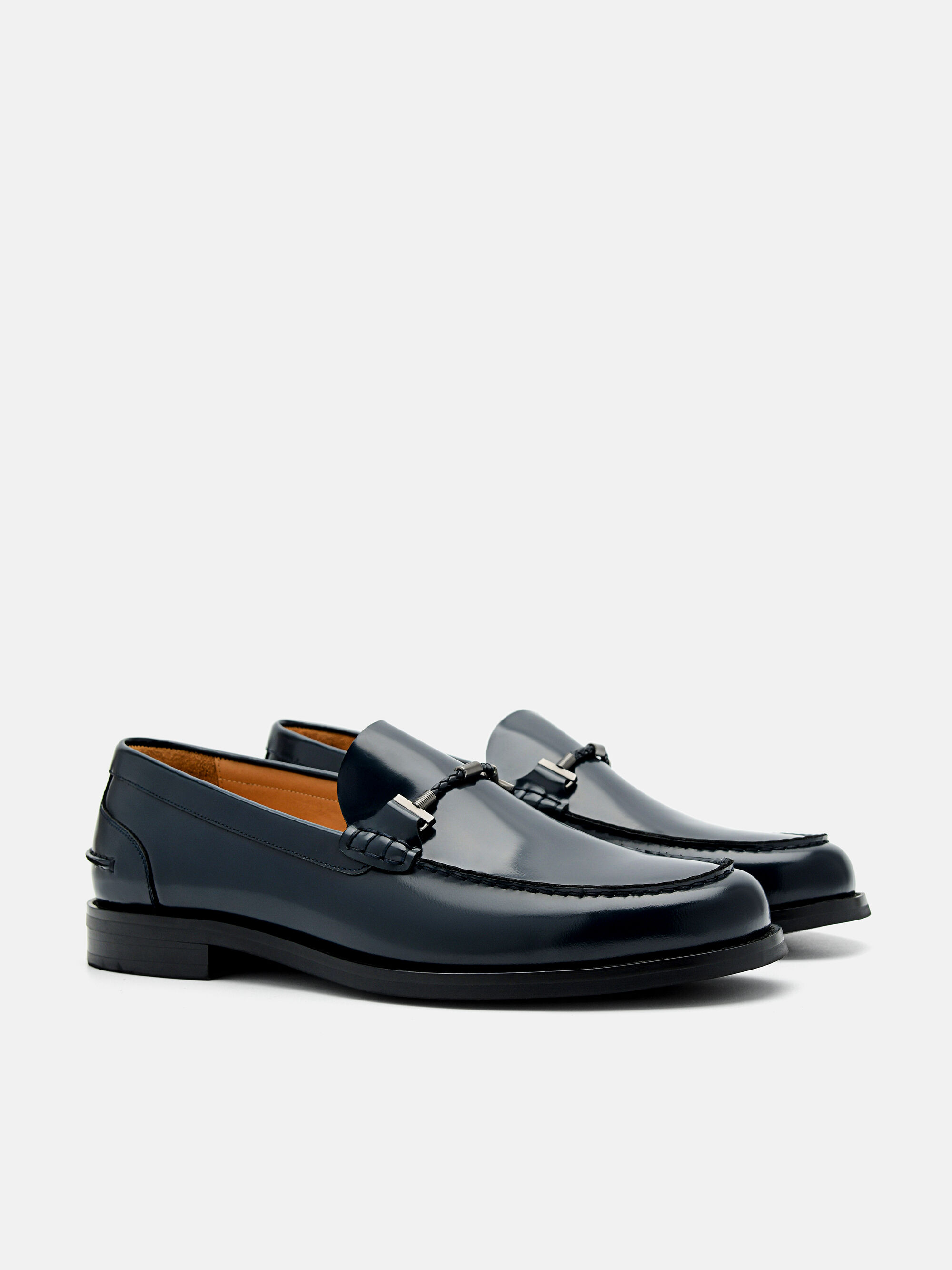 Giày lười mũi tròn Robert Leather Horsebit, Xanh Navy, hi-res